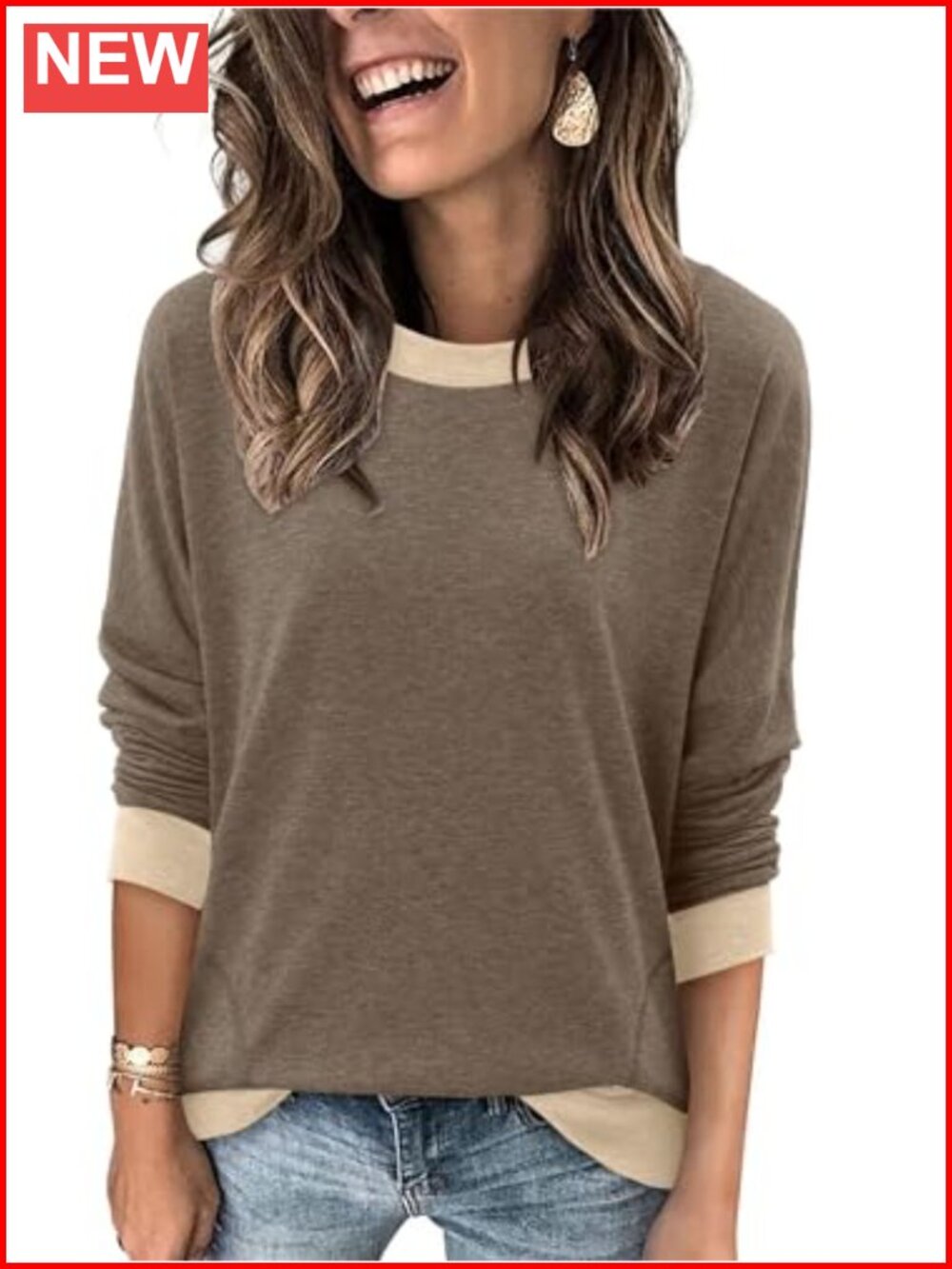 Loose Fit Long Sleeve Cotton Blend Sweatshirt with Pockets for Women